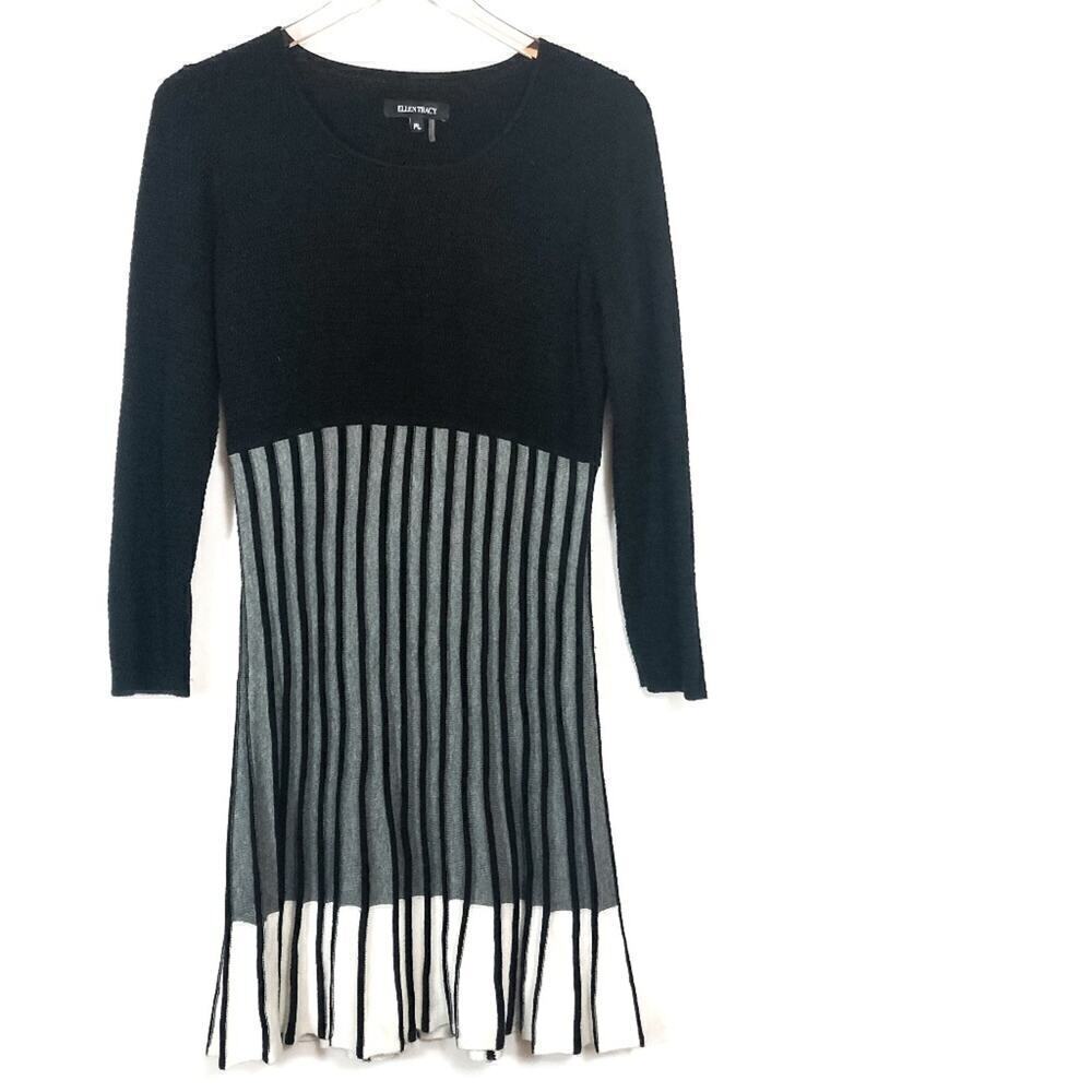 Ellen Tracy Boat Neck Striped Gradient Black Gray & White Sheath‎ Dress Size PL